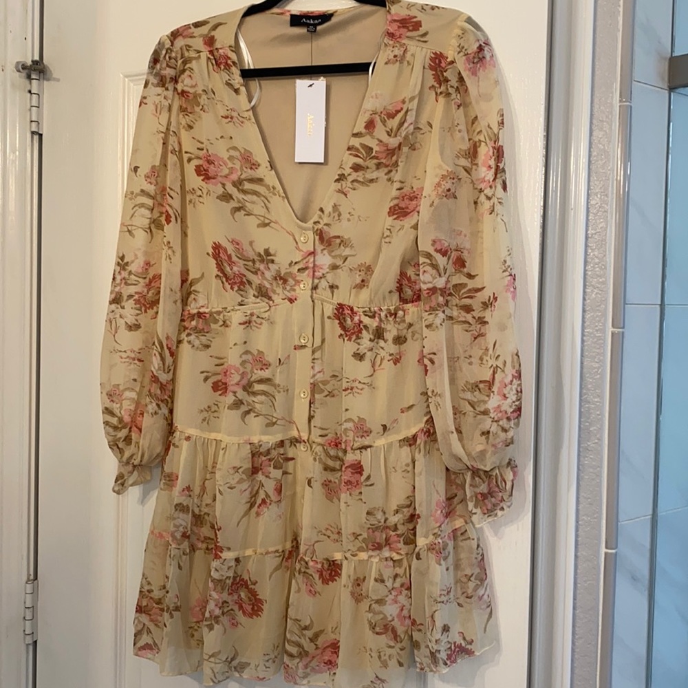 Cream and pink floral mini long sleeve dress